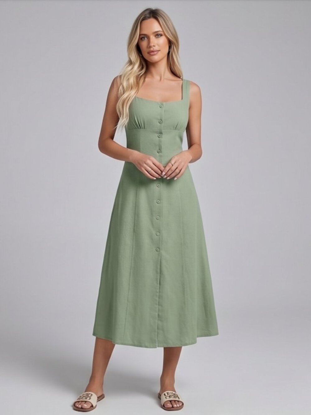 Sage Green 100% Cotton Button-Front Midi Sundress | Tie-Back A-Line Dress